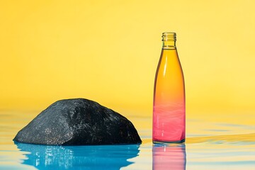 An elegant, minimalist bottle with pink and orange gradient colors, placed on the right side of the frame against a blue water surface. On one end is a large black rock in front of a yellow background