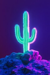 A green neon light sculpture of an abstract cactus on top of dark sand, illuminated by blue and purple lighting, minimalistic and simple. The background is dark purple and indigo