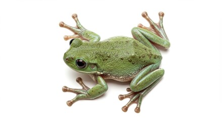 Fototapeta premium Green Tree Frog Resting on White Background, Close-Up of Amphibian with Detailed Skin Texture and Large Eyes, Wildlife Animal Isolated for Educational and Nature Projects