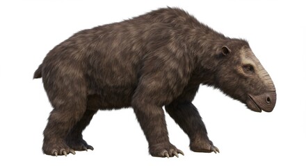 Fototapeta premium Illustrative Depiction of a Prehistoric Uintatherium Walking with Thick Fur and a Unique Snout, Promoting Paleontology, Evolution, and Wildlife Education