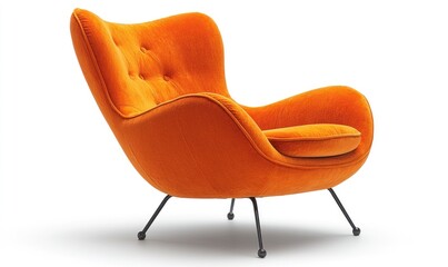 Comfortable orange armchair with button tufting,  sleek legs, and a soft, plush velvet fabric