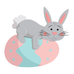 Gray bunny laying on egg. Vector