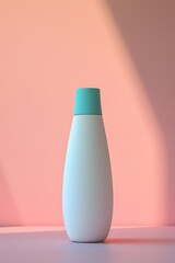 A white and turquoise plastic bottle with an elongated shape, standing upright on the ground against a pastel background