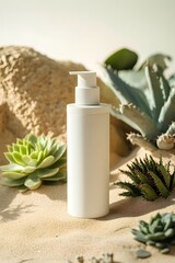 A white bottle of skin care product stands on the desert, surrounded by cacti and succulents, with soft lighting, a minimalist style, a close-up, product photography