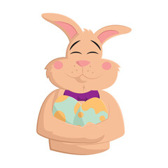 Bunny hugs two Easter eggs. Vector