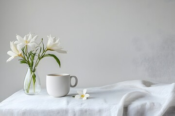 A white tablecloth with one coffee cup and a vase of flowers on it, against a plain gray background