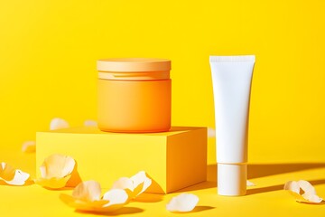 A yellow background with scattered petals, featuring two skincare products on the right side of the frame. The products are an orange jar containing cream and a white tube filled with body lotion