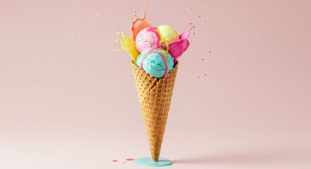 Waffle cone with two scoops of melting multi-colored ice cream, with bright colored splashes on a light pink background. Summer coolness and sweet pleasures, bright and playful dessert
