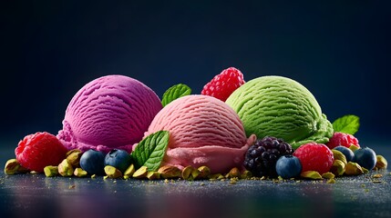 A colorful array of ice cream with various fruits and nuts, featuring pink scoops of strawberry or blueberry cream on one side, green-gold gelato in the center