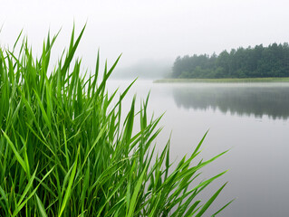 Obraz premium Lush green grass grows near the calm lake shore as fog hangs over the forest on a misty morning.
