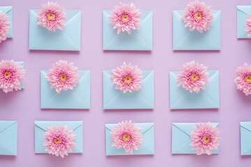 Flat lay pattern of blue envelopes with pink chrysanthemums inside, simple solid color background