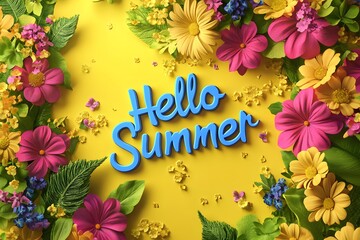 The word "Hello Summer" is written in white cursive letters on an orange background, surrounded by colorful flowers and green leaves