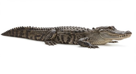 Naklejka premium Large American Alligator Resting Peacefully on a White Background, Showing its Scaly Skin, Sharp Teeth, and Powerful Build for Wildlife and Nature Photography