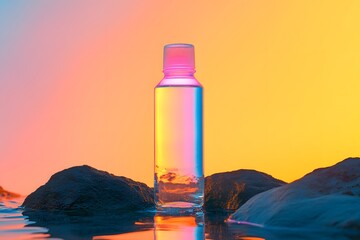 An elegant, minimalist bottle with pink and orange gradient colors, placed on the right side of the frame against a blue water surface. On one end is a large black rock in front of a yellow background
