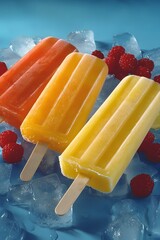 Popsicle photo of orange, lemon, and lime ice pops on a blue background with red berries
