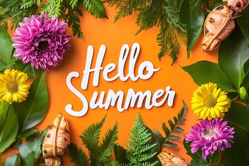 The word "Hello Summer" is written in white cursive letters on an orange background, surrounded by colorful flowers and green leaves