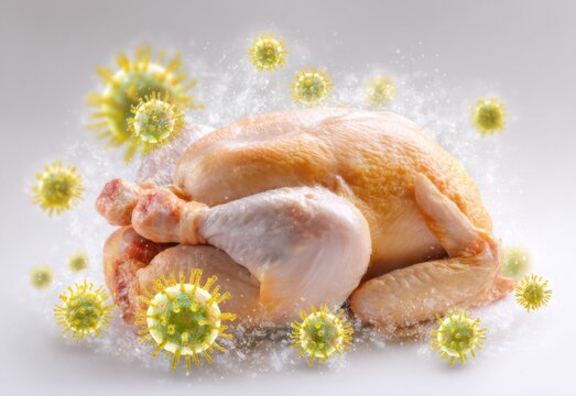 Raw chicken covered in bacteria and germs on a clean background illustrating food safety concerns