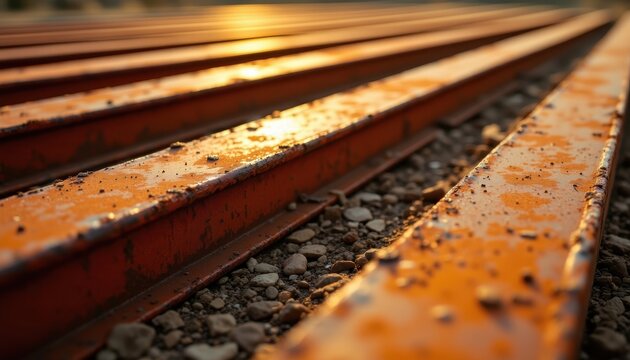 Close-up of rusty railway tracks with gravel, illuminated by warm sunset light.