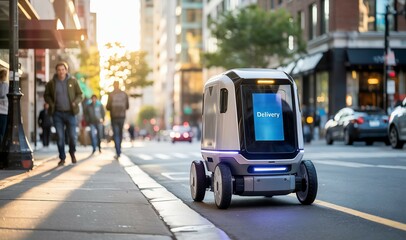 Autonomous delivery robot on city street. Modern technology for package transport.