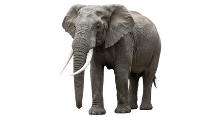 Fototapeta premium Majestic African Elephant Standing Tall with Prominent Tusks Against a Clean White Background, Ideal for Conservation and Wildlife Projects, Showcasing the Beauty of Nature