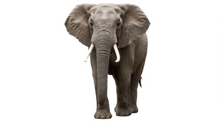 Obraz premium Majestic African Elephant Walking Forward with Prominent Tusks Isolated on White Background to Showcase Wildlife and Conservation Efforts for Educational and Commercial Purposes