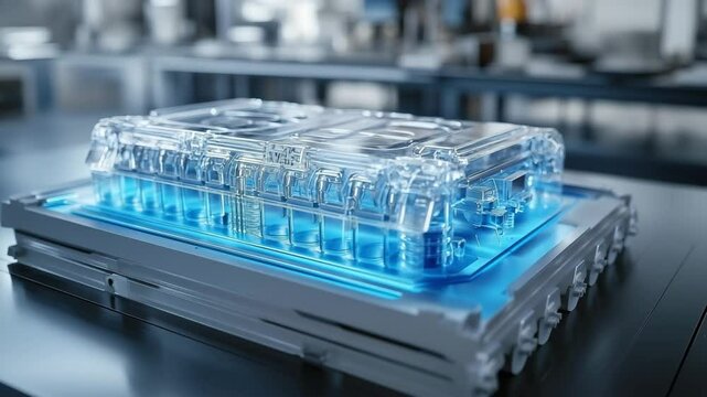 Close-up of MG battery cell with dendrite-free anode and glowing blue electrolyte, encased in a transparent block. Engineered for advanced EV platforms, energy storage systems, and smart mobility.