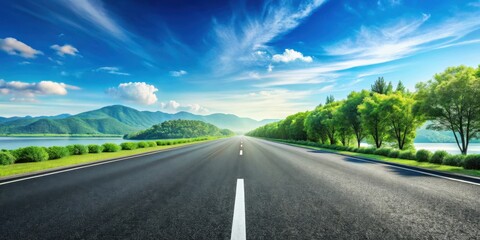 Asphalt road stretching towards a serene landscape of lush greenery and tranquil waters under a vibrant sky, promising a journey of scenic beauty and tranquility