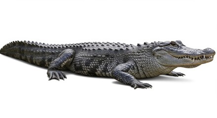 Majestic Alligator Resting Calmly on a White Background, Showcasing its Textured Skin and Powerful Build for Educational and Wildlife Projects, Perfect for Nature Enthusiasts