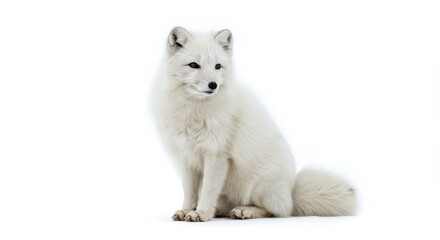 Fototapeta premium Majestic Arctic Fox Sitting Alertly on White Background in Winter Wonder Portrait of a White Phase Arctic Fox with Thick Fur and Dark Eyes in Winter