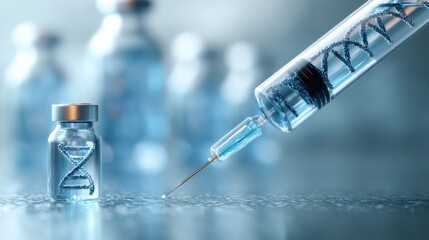 Vaccine preparation process with syringes and vials containing DNA samples in a laboratory setting