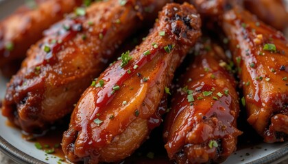 Macro shot of BBQ chicken wings glazed with sauce and garnished with herbs