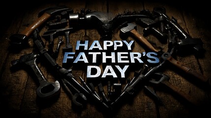 Happy father's day text surrounded by various tools arranged in a heart shape on wood surface