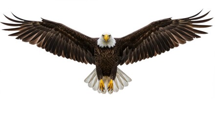 Fototapeta premium Majestic Bald Eagle in Flight with Wings Spread Wide, Symbol of American Freedom and Wildlife Conservation, Isolated on White Background for Design Projects