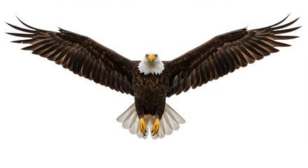 Naklejka premium Majestic Bald Eagle in Flight with Wings Fully Extended Against White Background Symbolizing Freedom and Power for Wildlife and Patriotic Themes