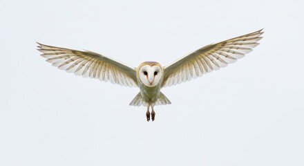 Obraz premium Majestic Barn Owl in Flight A Stunning Wildlife Portrait Capturing the Beauty and Grace of Nature's Hunter against a Clean White Background with Wings Spread Wide