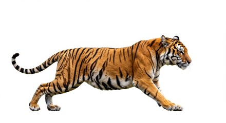 Fototapeta premium Majestic Bengal Tiger Striding with Power and Grace Isolated on White Background, Perfect for Wildlife and Conservation Projects, Showcasing Natural Beauty