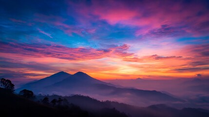 Dramatic mountain range silhouette against a vividly colored sunset sky