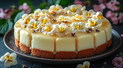 Creamy cake adorned with edible flowers and a glossy glaze, resting on a dark plate