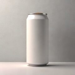 Minimalist blank white soda can mockup with metallic top, standing on a light surface, perfect for branding and packaging presentations.