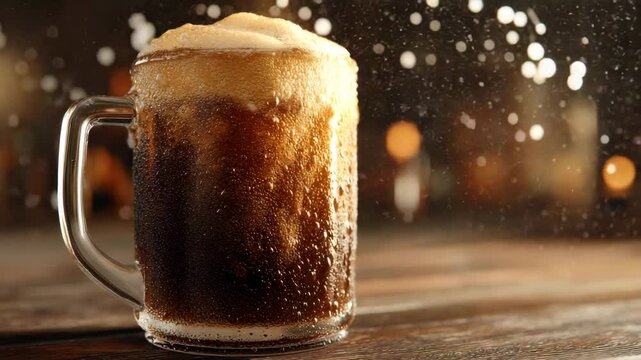Fizzy root beer with foamy head in cinematic root beer close-up, featuring root beer glass sweating on rustic wooden table refreshing drink video