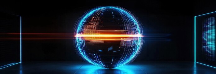 Modern Futuristic Basketball on Glossy Surface with Neon Wireframe Background, Perfect for mechanical in material
