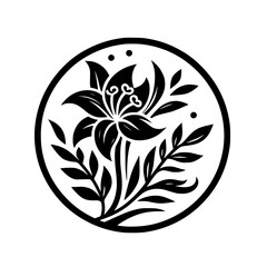 Minimalist Floral Emblem in Circle: Black and White Vector Design