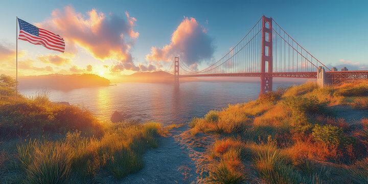 Golden Gate Bridge viewpoint at sunset with American flag waving in the wind
