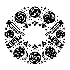 Whimsical Candy Mandala Illustration, Black and White