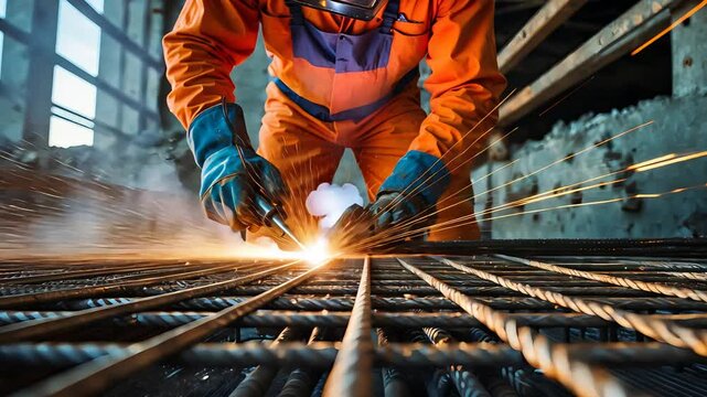 Construction Worker Welding Steel Rebar with Sparks in Industrial Construction Site

