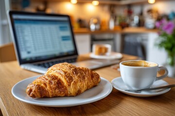 Working from home with a fresh croissant and coffee, enjoying a relaxed morning, while checking data on laptop screen, with a warm kitchen background.