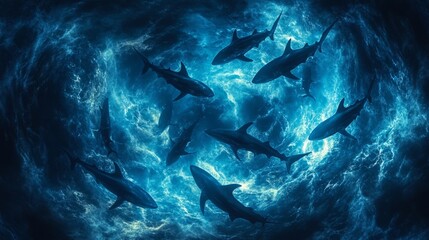 Obraz premium Group of Sharks Swimming in Bioluminescent Ocean