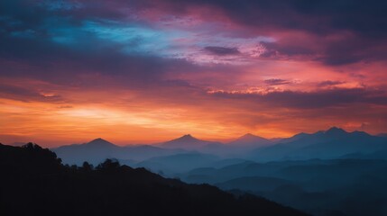 Fototapeta premium Majestic mountain range during breathtaking sunset casting vibrant colors through clouds