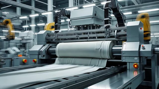 Industrial Fabric Production Process with Robotic Arms in Modern Manufacturing Facility

