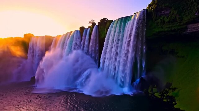 Majestic waterfall cascade at sunrise with lush green vegetation and golden light